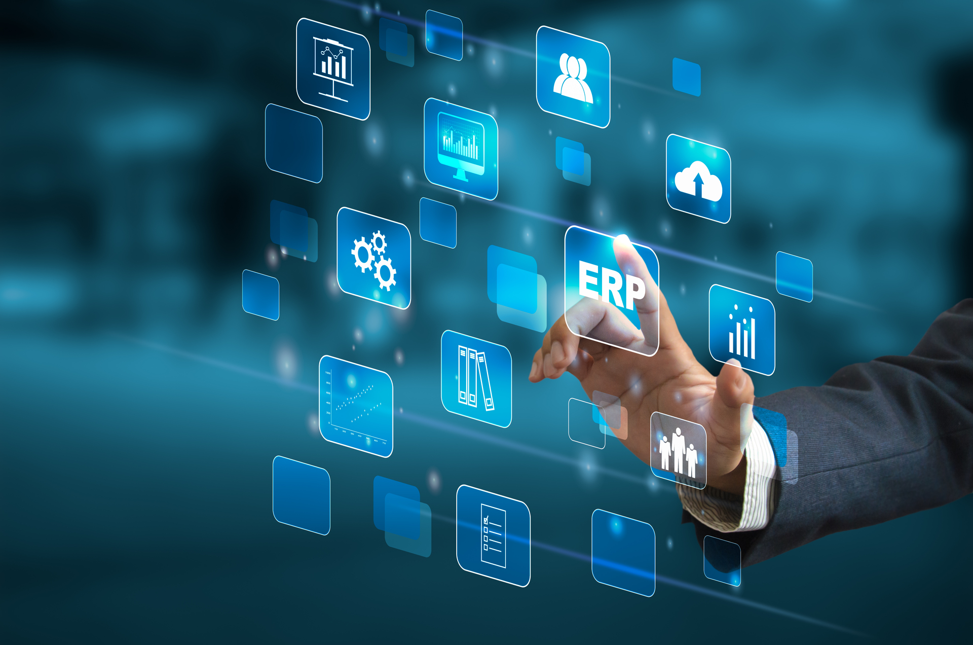 Businessman touching on virtual screen icon business ERP. Enterp